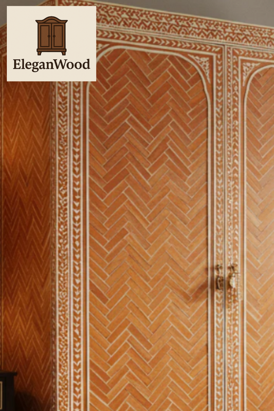 Handcrafted Bone Inlay Cabinet: Orange Chevron | Luxury Furniture