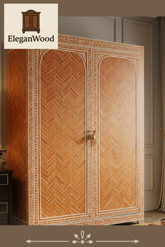 Handcrafted Bone Inlay Cabinet: Orange Chevron | Luxury Furniture